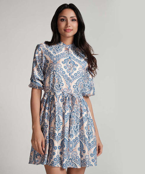 Front Buttoned Printed Mini Dress-Blue