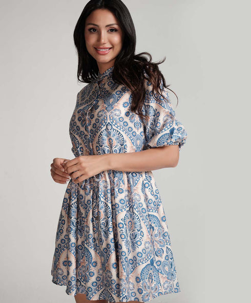 Front Buttoned Printed Mini Dress-Blue