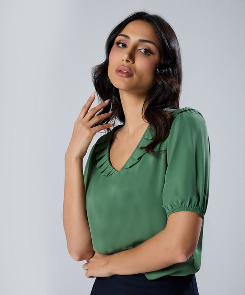 Vneck Pleated Green Half Sleeve Top