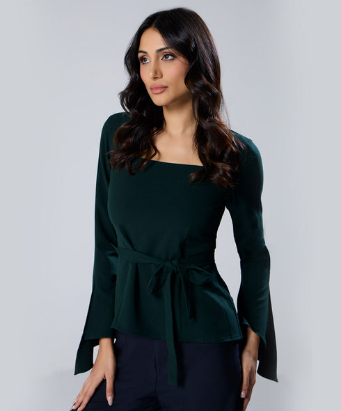 Split Sleeve Square Neck Peplum Green Top
