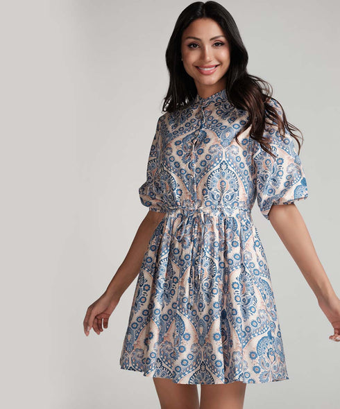 Front Buttoned Printed Mini Dress-Blue