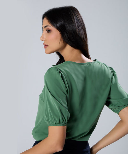 Vneck Pleated Green Half Sleeve Top