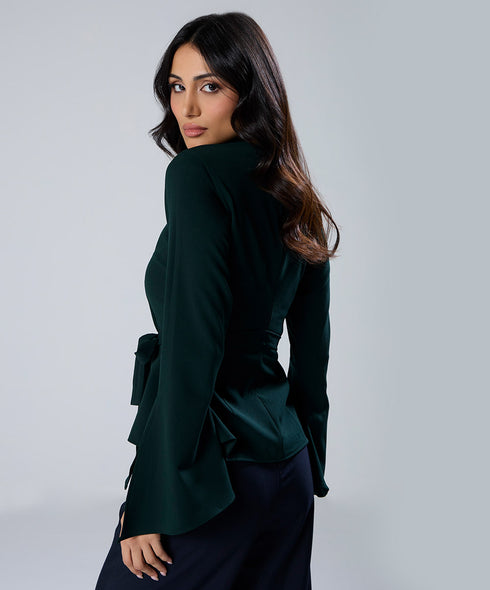 Split Sleeve Square Neck Peplum Green Top