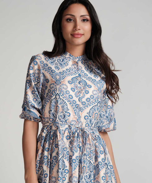 Front Buttoned Printed Mini Dress-Blue