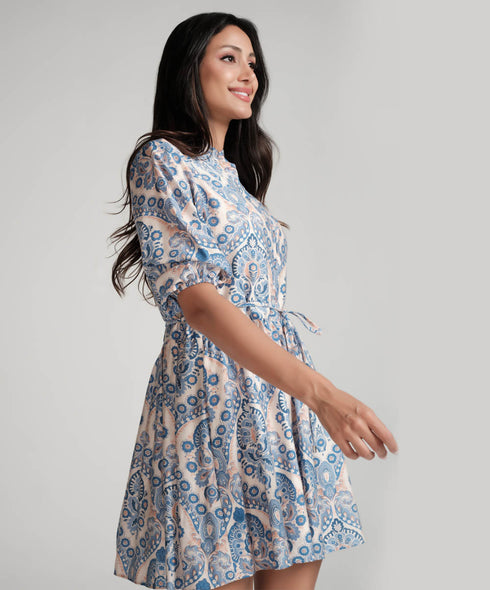 Front Buttoned Printed Mini Dress-Blue