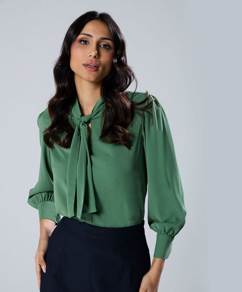 Neck Tie Chiffon Solid Green Top