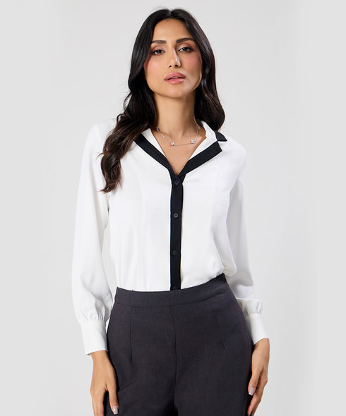 Contrast Lapel And Button Stand Long Sleeve Shirt