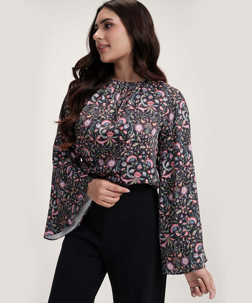 Sleeve Flared Printed Black Top