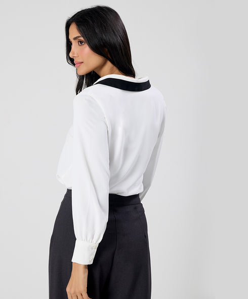 Contrast Lapel And Button Stand Long Sleeve Shirt