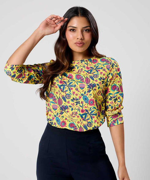 Yellow Floral Printed Round Neck Chiffon Top
