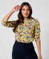 Yellow Floral Printed Round Neck Chiffon Top