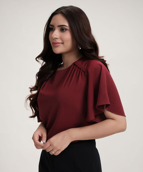 Sleeve Flared Round Neck Chiffon Top