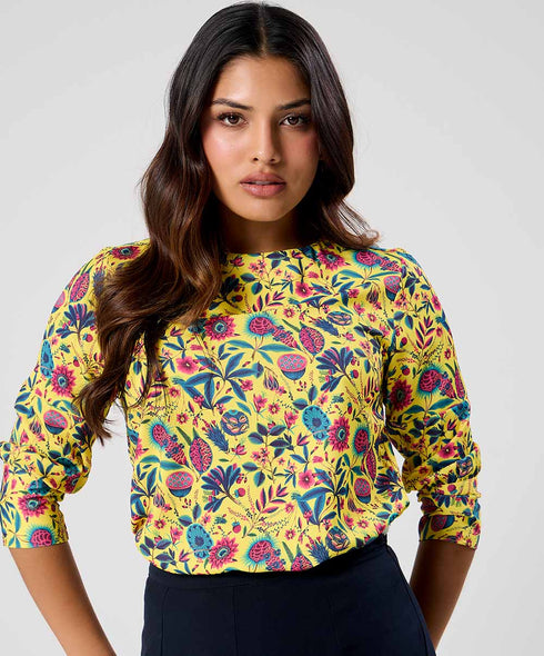 Yellow Floral Printed Round Neck Chiffon Top