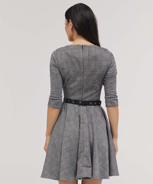 Scoop Neck Gingham Skater Grey Dress