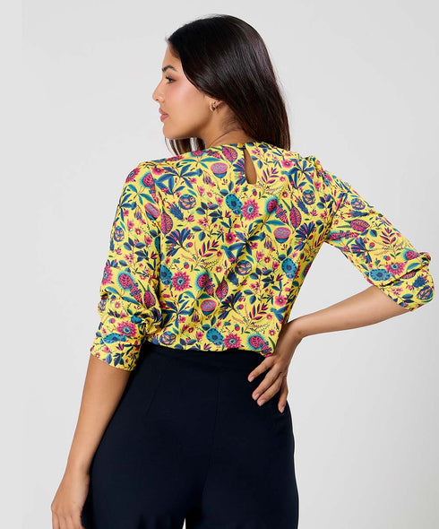 Yellow Floral Printed Round Neck Chiffon Top