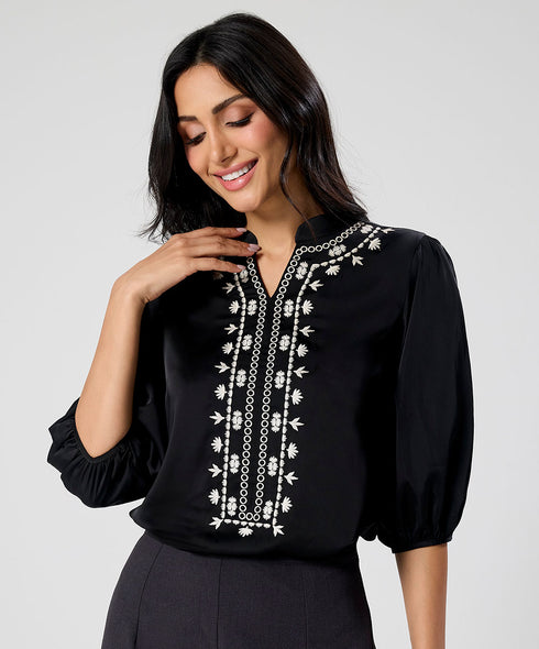 Neck Line Embroidered Long Sleeve Chiffon Top