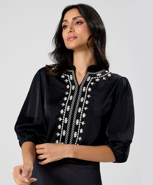 Neck Line Embroidered Long Sleeve Chiffon Top