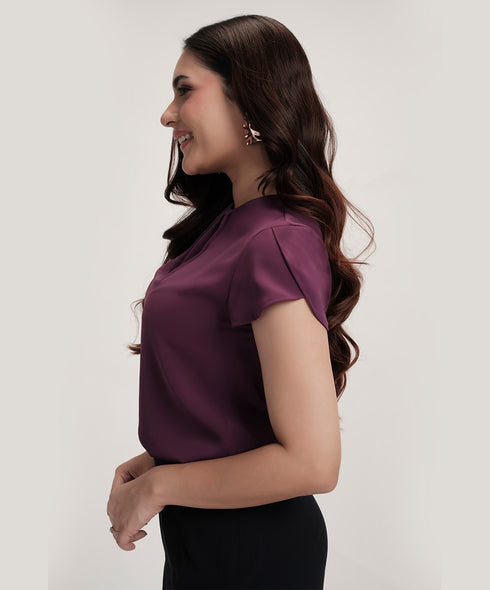 Petal Sleeve Chiffon Neck Pleated Purple Top