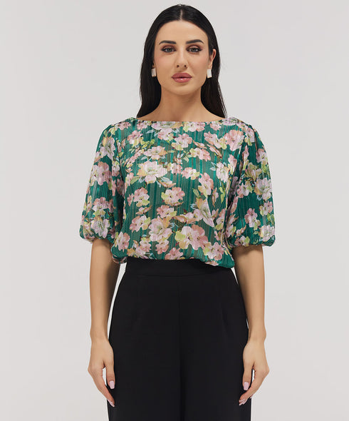Wide Neck Crushed Chiffon Green Top