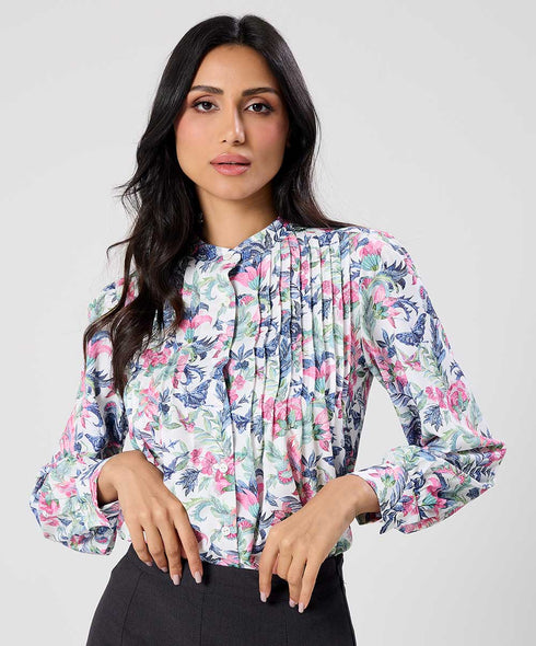 Pintuck Detailed Sleeve White Printed Top
