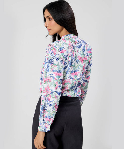 Pintuck Detailed Sleeve White Printed Top