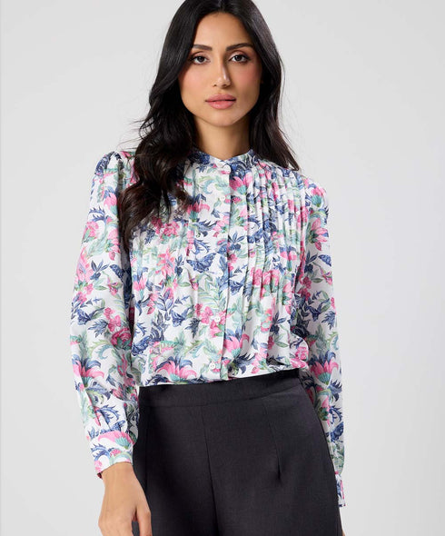 Pintuck Detailed Sleeve White Printed Top
