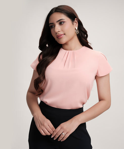 Petal Sleeve Chiffon Neck Pleated Top