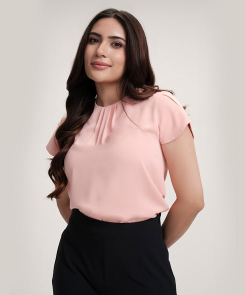 Petal Sleeve Chiffon Neck Pleated Top