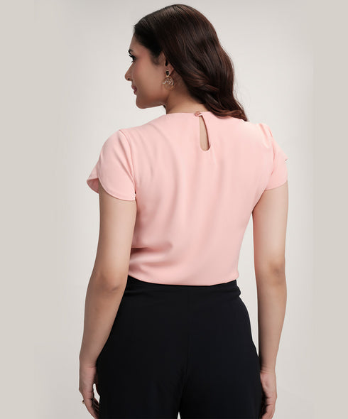 Petal Sleeve Chiffon Neck Pleated Top