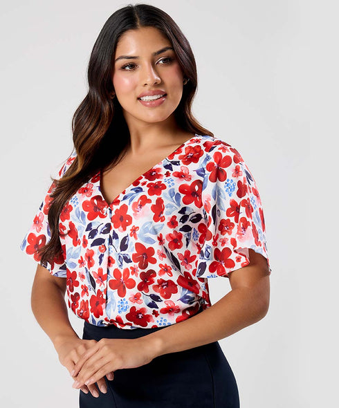 Vneck Flared Sleeve Red Printed Top