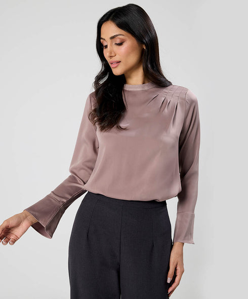 Side Pleated Long Sleeve Brown Satin Top