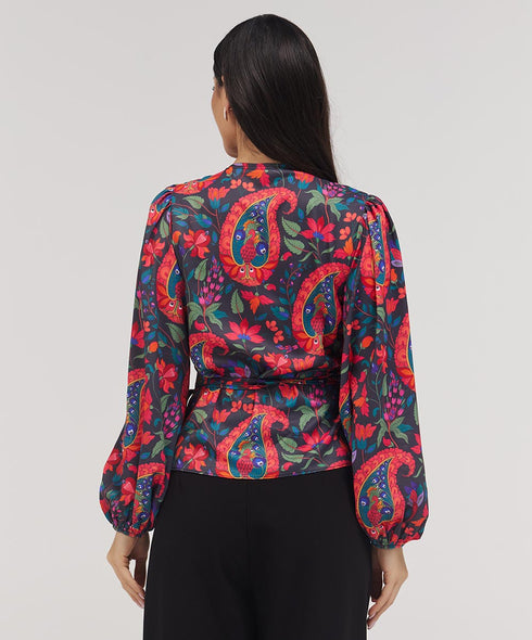 Printed Chiffon Wrap Around Blue Top