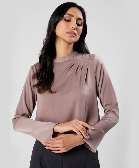 Side Pleated Long Sleeve Brown Satin Top