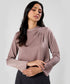 Side Pleated Long Sleeve Brown Satin Top
