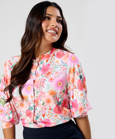 Split Collar Cuffed Sleeve Printed Shirt Top