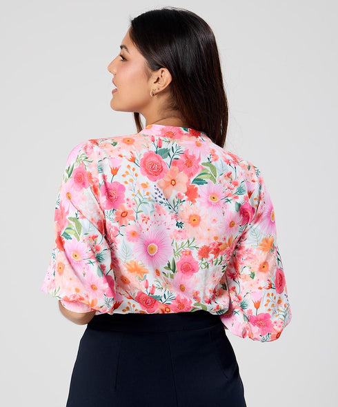 Split Collar Cuffed Sleeve Printed Shirt Top