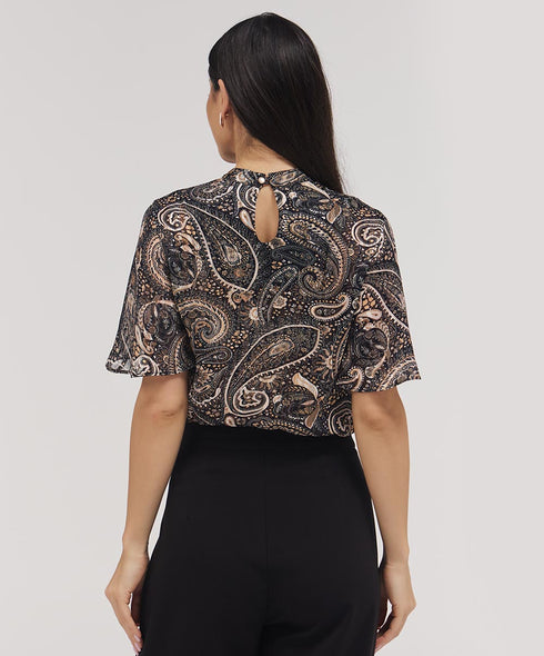 Sleeve Flared Mandarin Collar Black Top