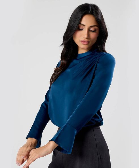 Side Pleated Long Sleeve Satin Top
