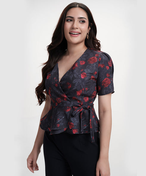 Vneck Half Sleeve Printed Black Peplum Top