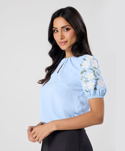 Sleeve Embroidered Chiffon Neck Pleated Top