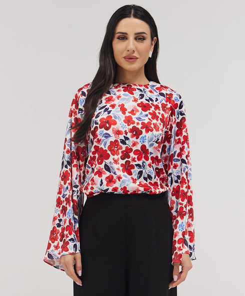 Flared Sleeve Printed Red Top