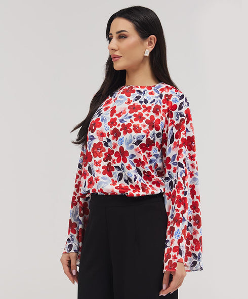 Flared Sleeve Printed Red Top
