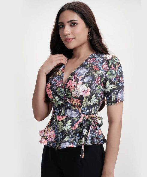 Vneck Half Sleeve Printed Peplum Top
