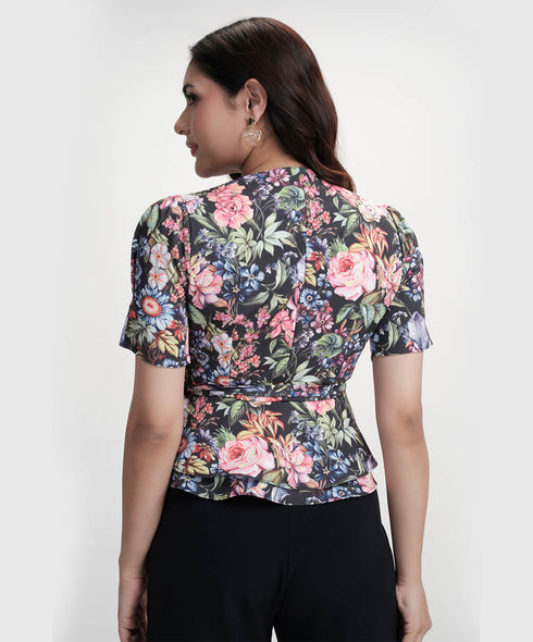 Vneck Half Sleeve Printed Peplum Top