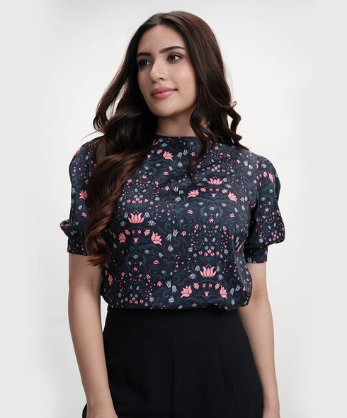 Short Puffed Sleeve Printed Satin Blue Top