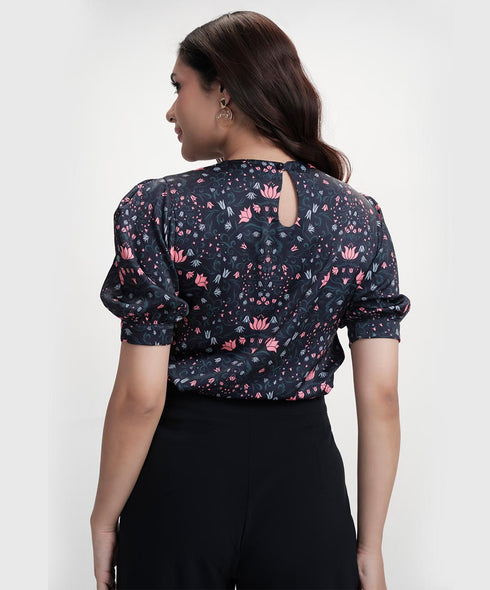 Short Puffed Sleeve Printed Satin Blue Top