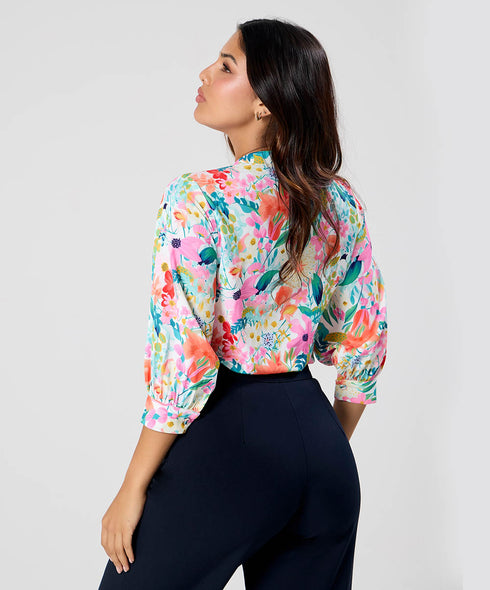 Split Collar Cuffed Sleeve Printed Top