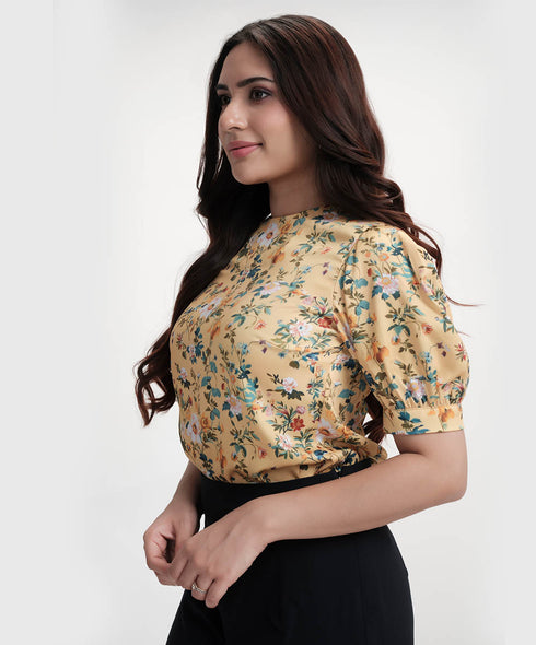 Short Puffed Sleeve Printed Satin Top