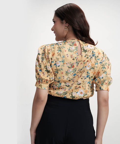 Short Puffed Sleeve Printed Satin Top
