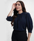 Neck Pleated Half Sleeve Chiffon Blue Top